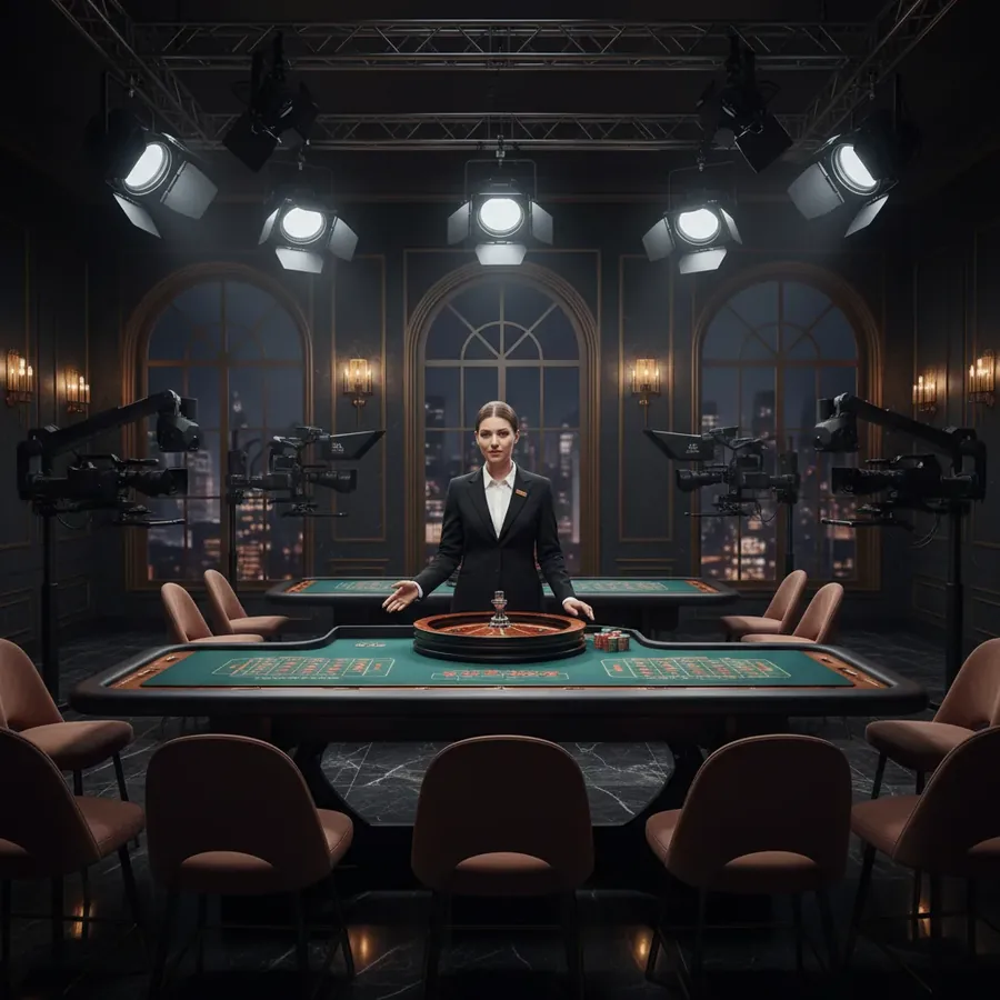 Croupier an einem Roulettetisch zwischen Studiokameras
